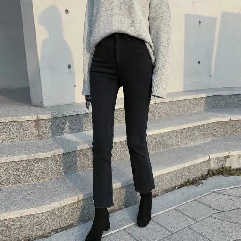 High Waist Bell Bottom Jeans Women's Black Spring Fashion  New Korean Style Slimming Frayed Micro Flared Denim Pants