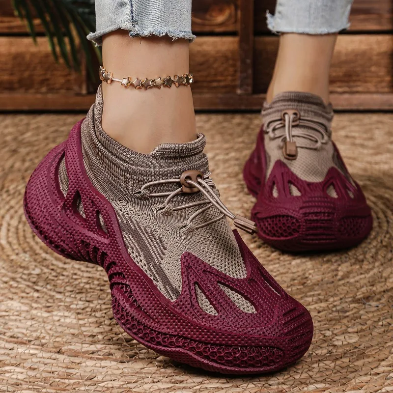 Womens New Breathable Mesh Trendy Elastic Band Slip-on Casual Thick-soled Sports Shoes Multiple Color Options