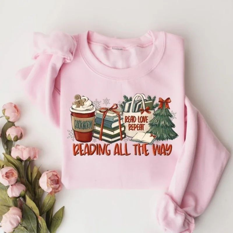 All The Way Reading Sweatshirt Buchwurm Bibliothekar Weihnachtsgeschenk Saison Read Love Repeat Winter Langarm Thermo Hoodie