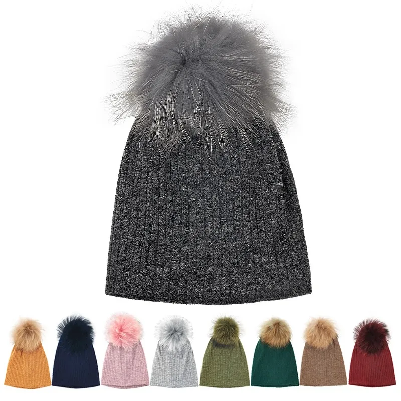 Women Autumn Winter Beanie Knitted Ribbed Beanies Hat With 15cm Real Fur Pompom Cap Solid Color Slouch Skullies Hats