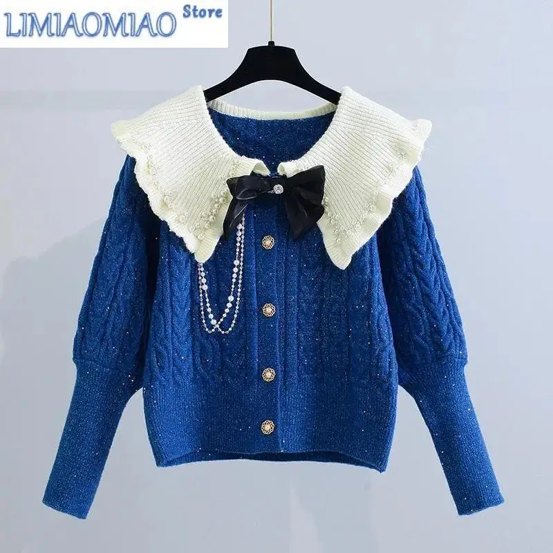 

New Blue Twists Peter pan Collar Pearls Long Sleeve Acrylic Knitted Women's Sweater Fashion Pullover Sweaters Cardigan Autumn