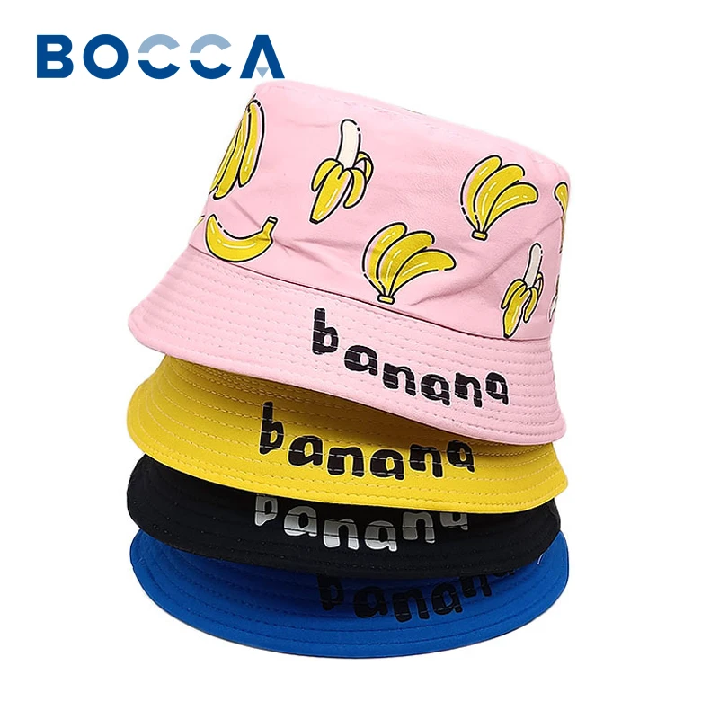 Bocca Banana Pattern Bucket Hat Children Fisherman Hats Cartoon Panama Panama Cap 54cm Boy Girl Kid Double Sides Outdoor Sun Cap