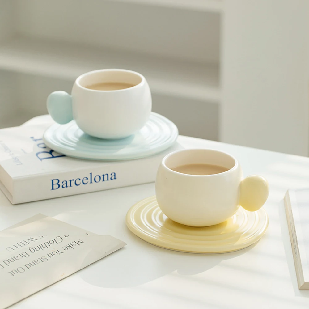 Macaron Color Ceramic Cup Saucer Set Irregular Shape Dishware Pastel Tableware Minimalist Design Cute Style Home Dining