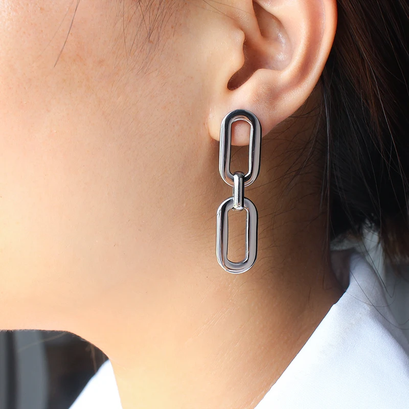 Rectangular Links Geometric Mix Color Long Drop Earrings for Women Stainless Steel Earrings Studs Everyday Wear