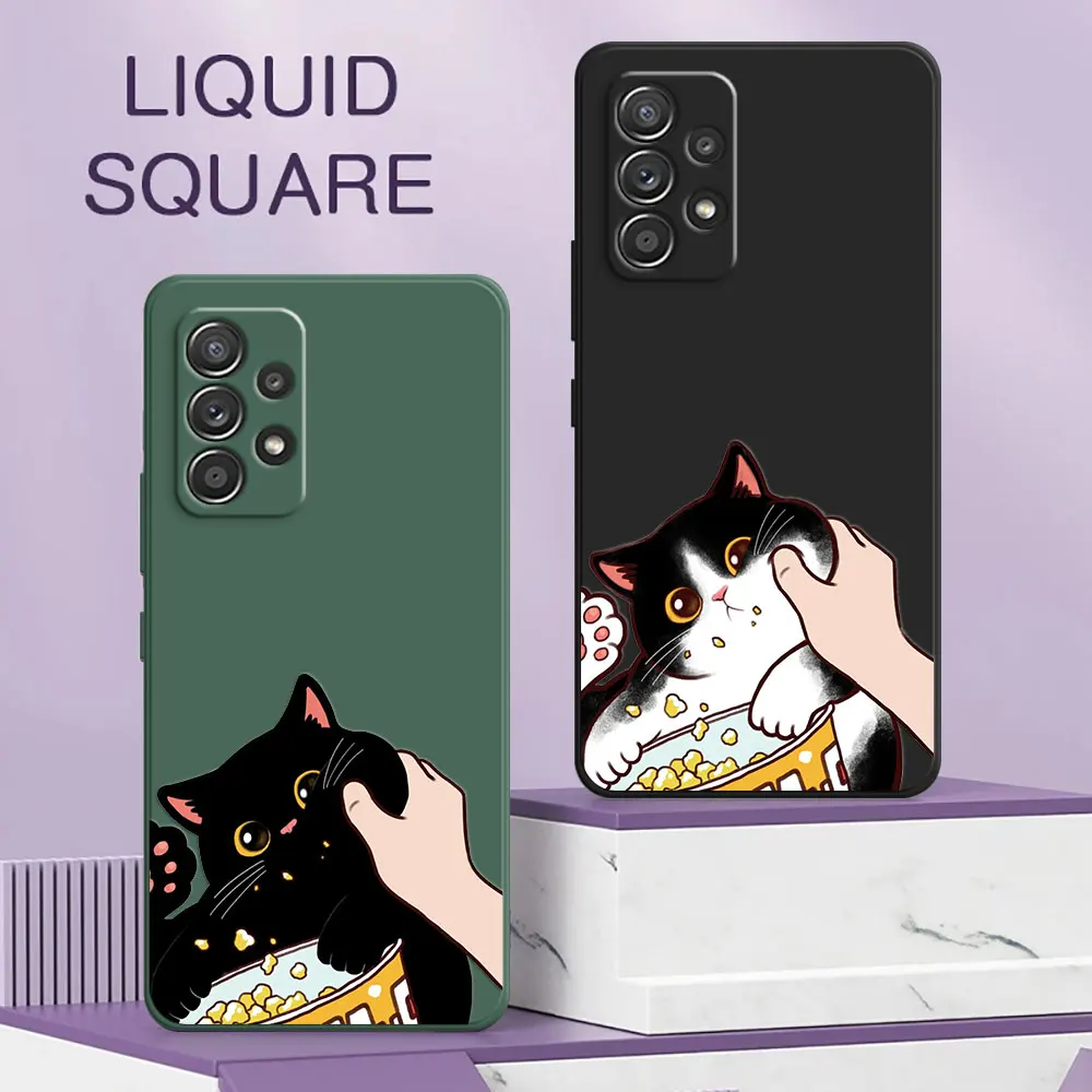 Black Cat Snacking Cartoon Square Silicone Phone Case For Samsung Galaxy A13 A14 A21S A21 A22 A23 A24 A11 A12 A02 A03S A04 Cover