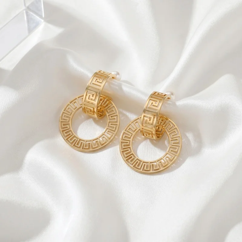 Gold Color Pattern Hollow Dangle Earrings Retro Geometric Double Circle Earrings Elegant Minimalist Accessory For Women