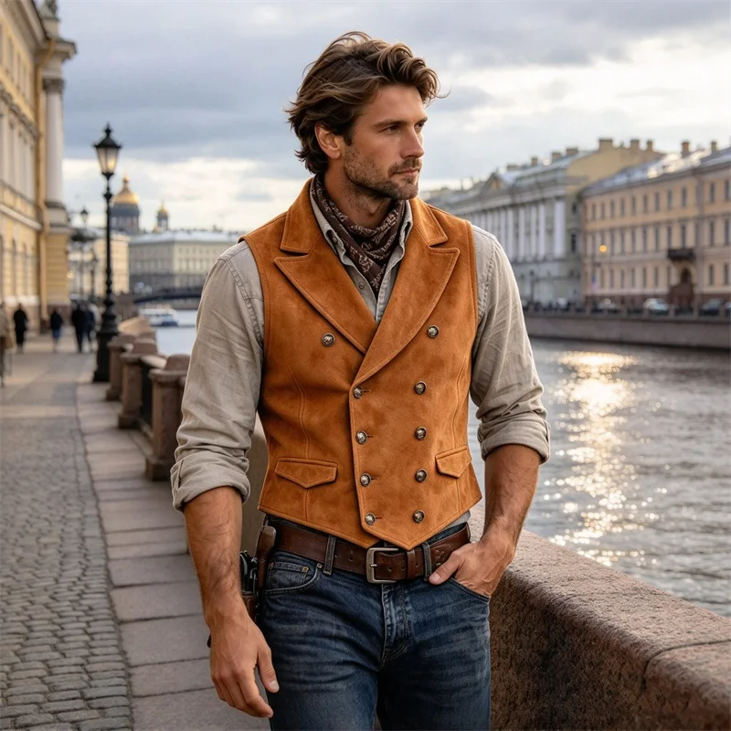 Men's Vintage Western Cowboy Waistcoat Double Breasted Sleeveless Vest For Halloween Cosplay Party Outdoor Daily Casual Wear