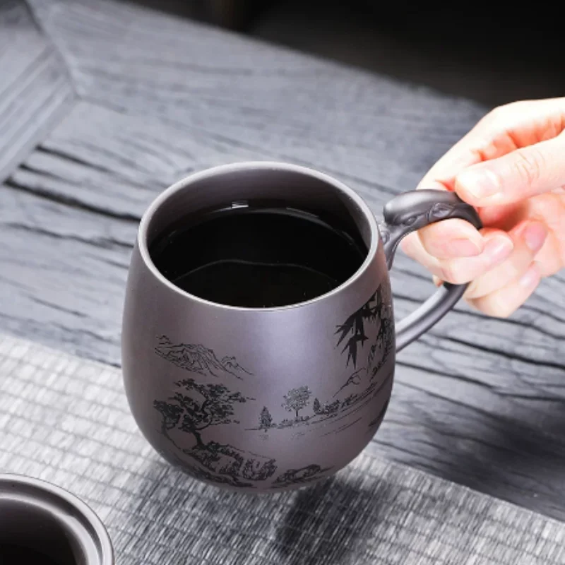 Traditional Chinese Zisha Tea Cup with Lid - Hand Carved Landscape Pattern Pixiu Cup, Purple Clay Water Mug