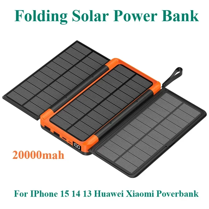For IPhone 15 14 13 Xiaomi Huawei Poverbank 20000mAh Folding Solar Power Bank with 3 Solar Panel Wireless Charger Power bank