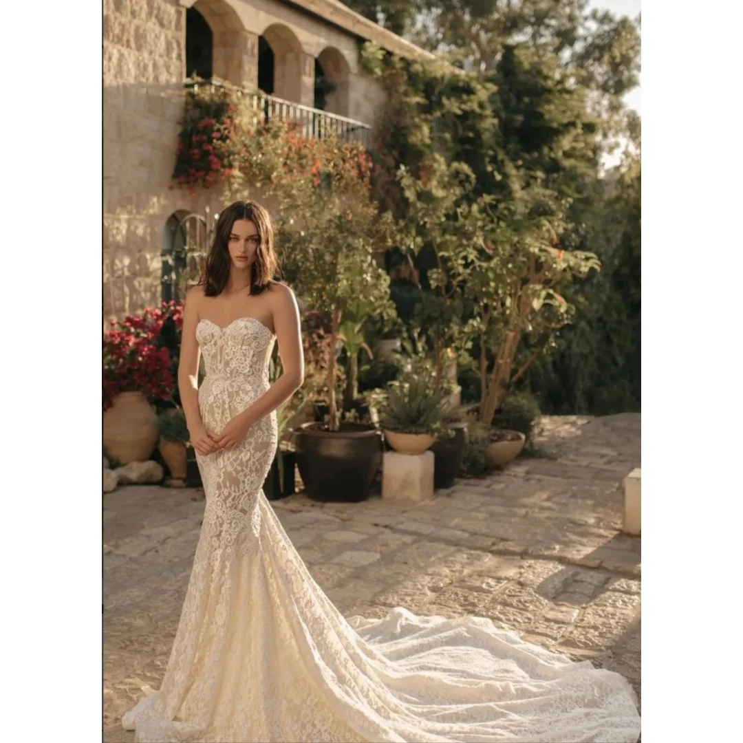 Custom Strapless Sweetheart Mermaid Wedding Dress Full Floral Lace Corset Back Fit Silhouette Bridal Gown With Long Train