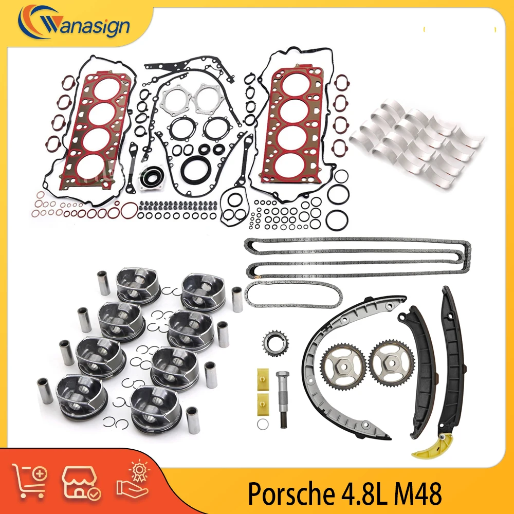 

Engine Rebuild Timing Chain Kit Full Gasket Piston Bearing Set Fit 4.8 L V8 GAS M48 For 08-18 Porsche Cayenne Panamera GTS 4.8L