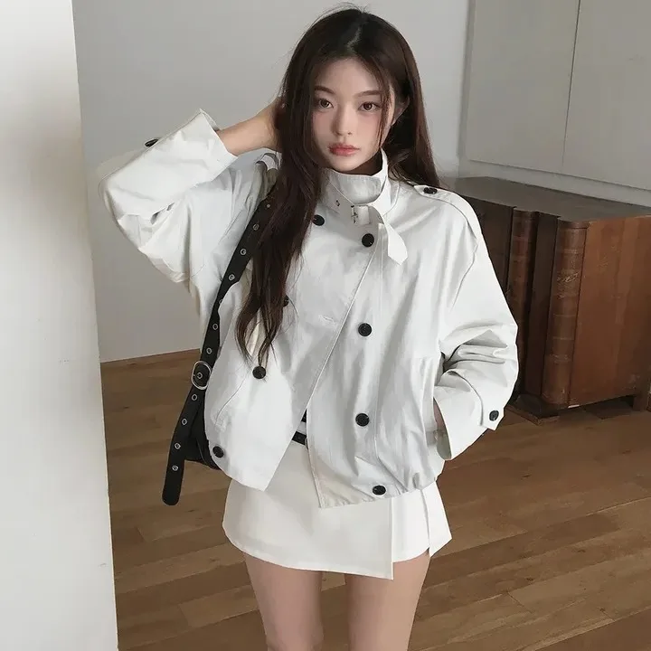 Casual Versatile Double Buttoned Korean Style Women's Short Coat Long Sleeve Other Material Outerwear Fashionably Functional