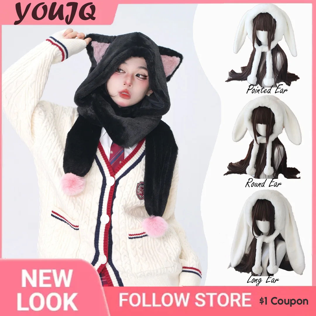 

Harajuku Black White Fluffy Plush Rabbit Ear Fox Ear Hat Japanese Kawaii Women Winter Cute Warm Scarf Caps Streetwear Gorro