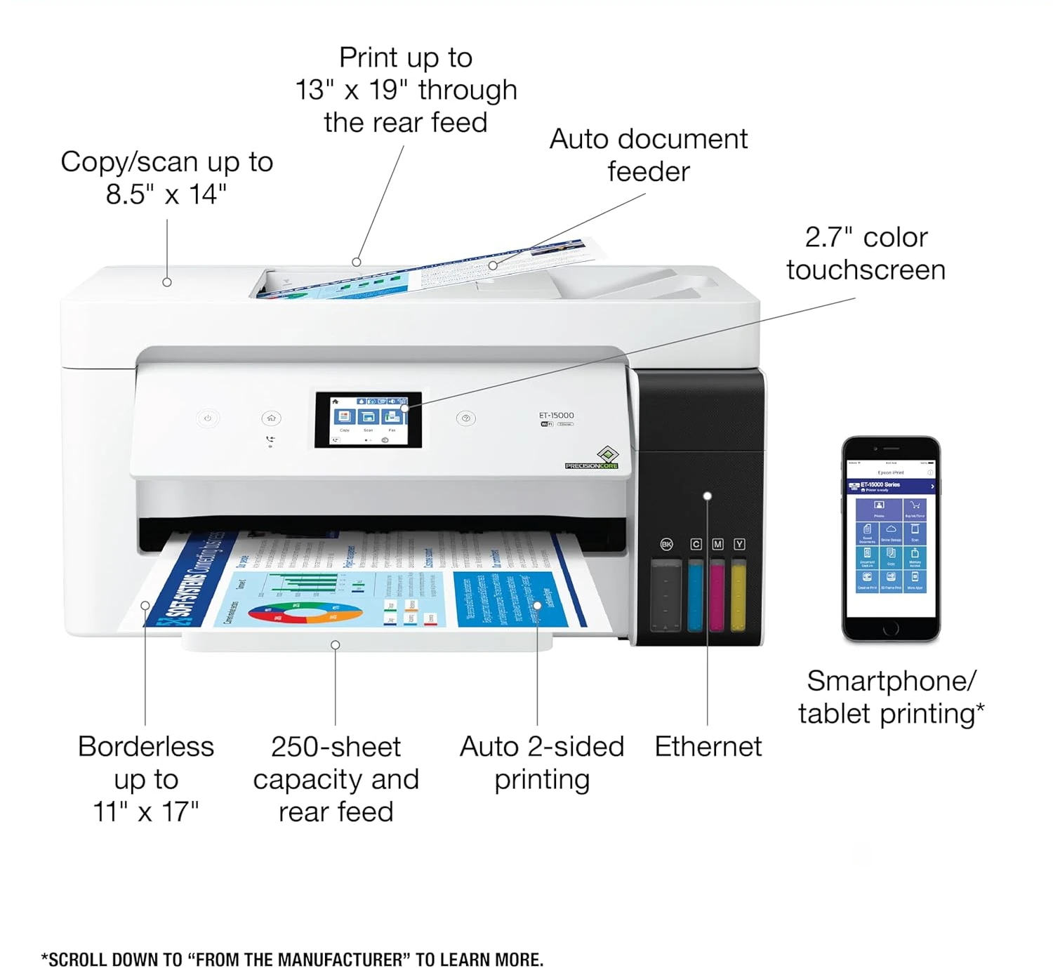 Wireless Color All-in-One Supertank Printer with Scanner, Copier, Fax, Ethernet and Printing up to 13 x 19 Inches, White