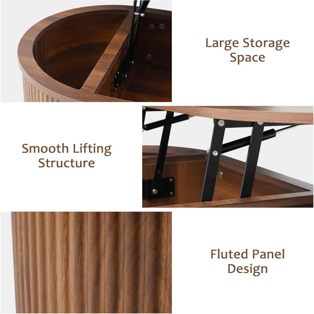 طاولة قهوة بيضاوية قابلة للرفع مع مساحة تخزين مخفية، طراز منتصف القرن