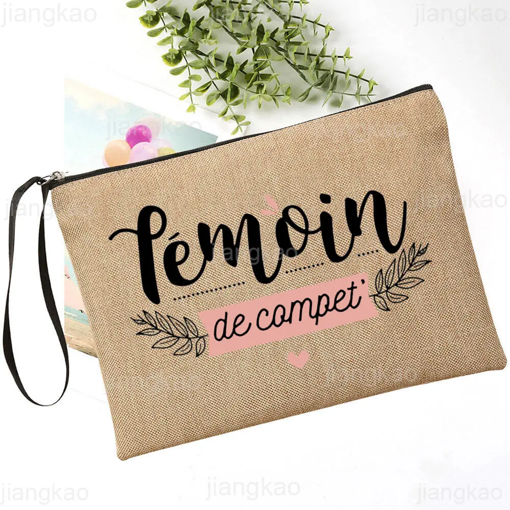 French Print Linen Zipper Bags Bridesmaid Cosmetic Case Wedding Witness Gift Female Neceser Toiletry Organizer Makeup Bag Beauty