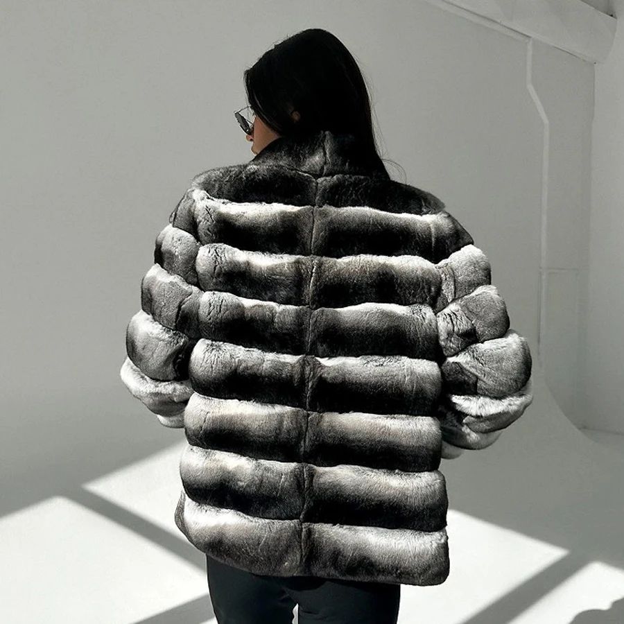 Fur Coat Women Real Chinchilla Rex Rabbit Fur Coats With Stand Collar Luxury Winter Natural Short Fur Jacket