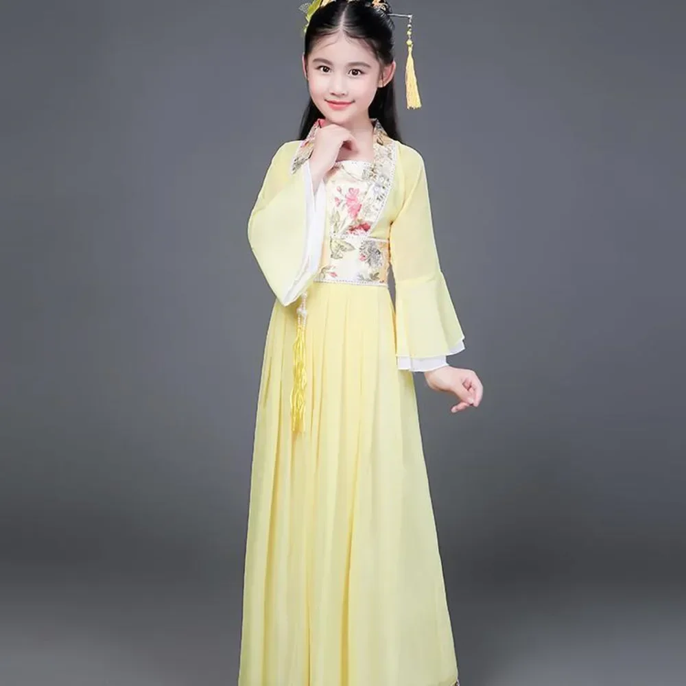 Roupas de dança folclórica chinesa tradicional para meninas, hanfu para crianças, saia vestido de dragão, palco antigo, traje de carnaval, roupas para o ano novo