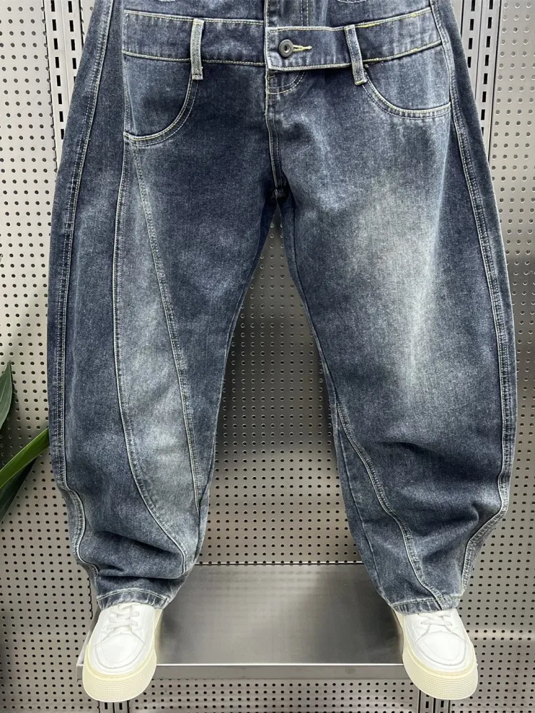 New Autumn Winter Mens Denim Pants Hip Hop Personality Spliced Loose Fit Straight Jeans Streetwear Casual Male Vintage Trousers