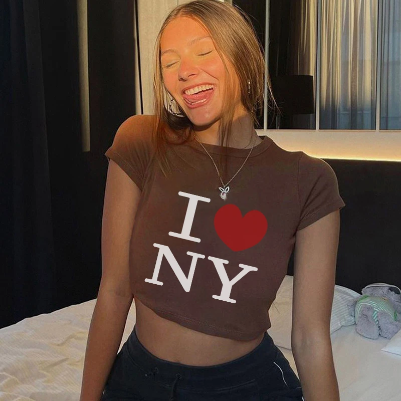 Y2K 여성 라운드넥 반팔 티셔츠, 레터 프린트 오픈 배꼽, 유럽 및 미국 상의, 여름 신상