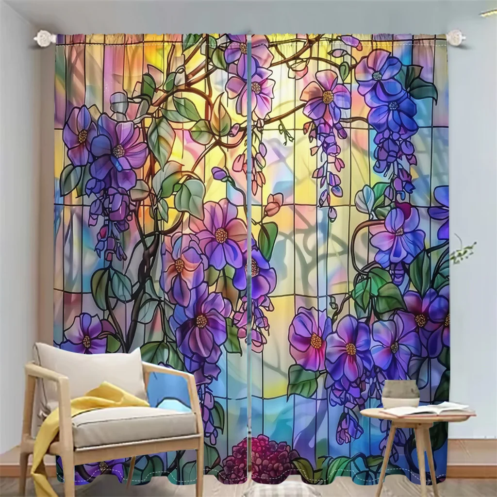 

2Pcs Bright Stained Glass Purple Vine Print Curtains Modern Living Room Bedroom Balcony Kitchen Window Decorative Curtains