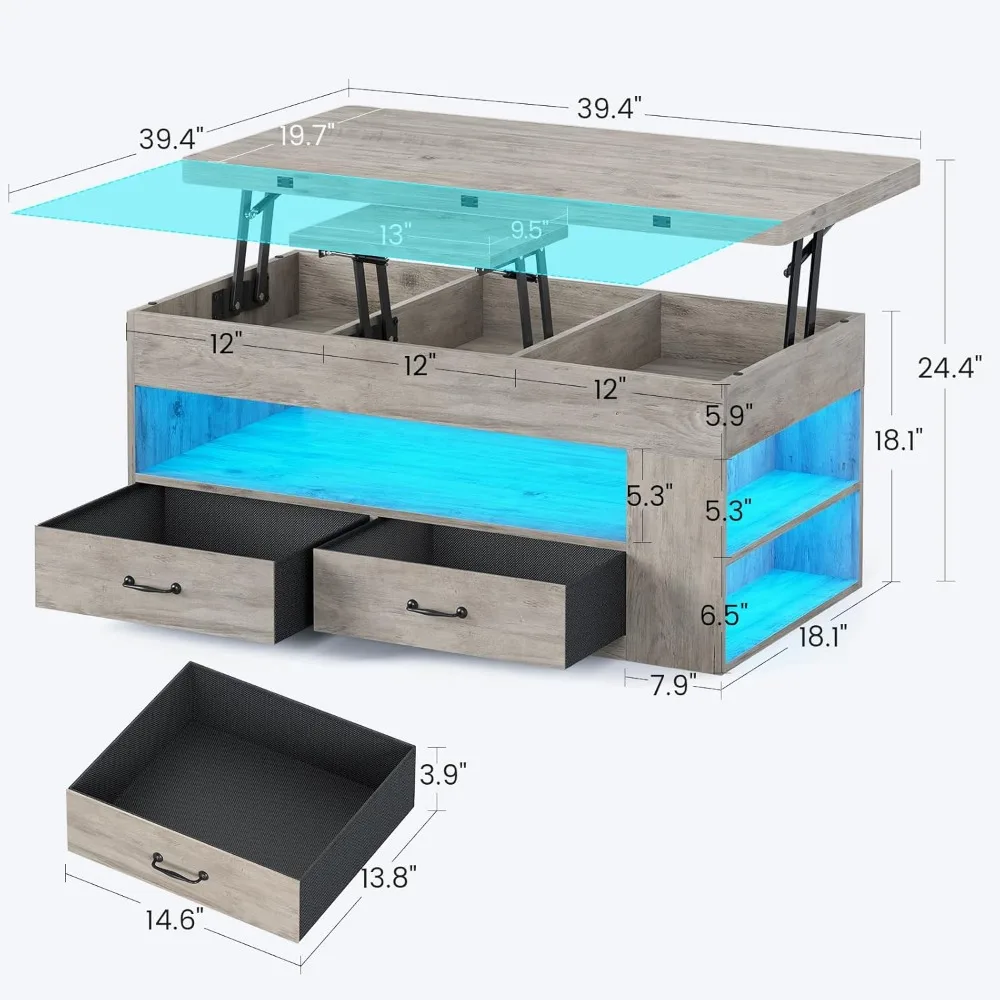 طاولة قهوة قابلة للرفع، وطاولة قهوة 4 في 1 مع مساحة تخزين ومقصورات مخفية، وطاولة قهوة للمزرعة مع درجين من القماش