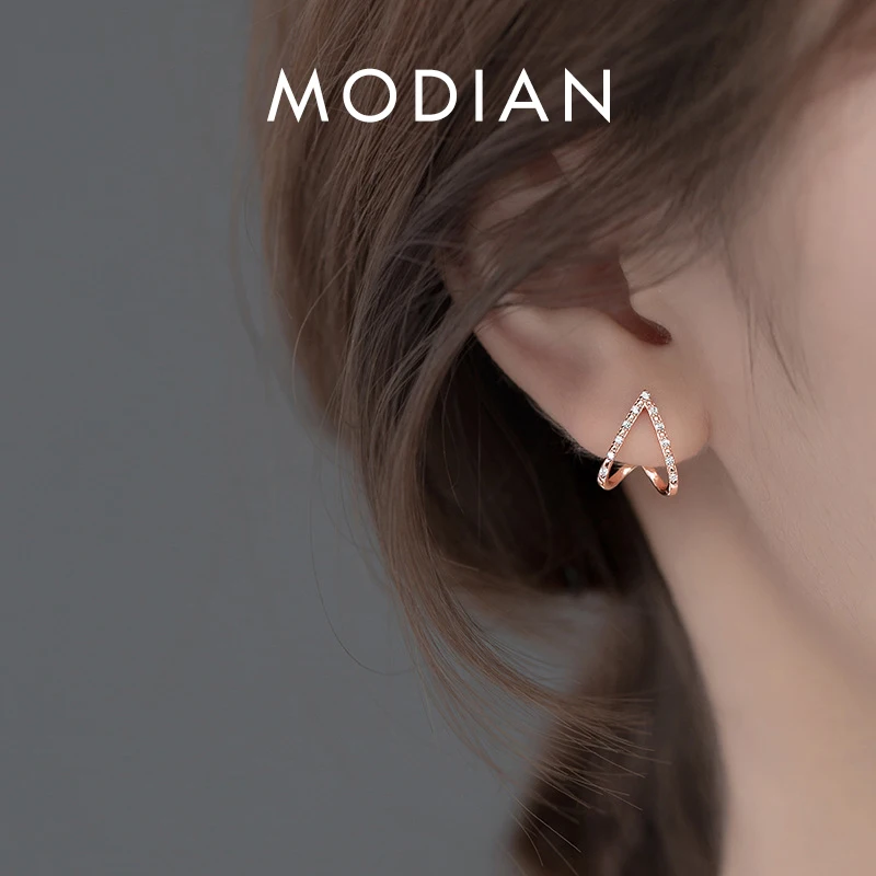Modian Fashion 925 Sterling Silver V-Shape Cute Tiny Stud Earring for Women Luminous Clear CZ Ear Pin Fine Jewelry Accessories