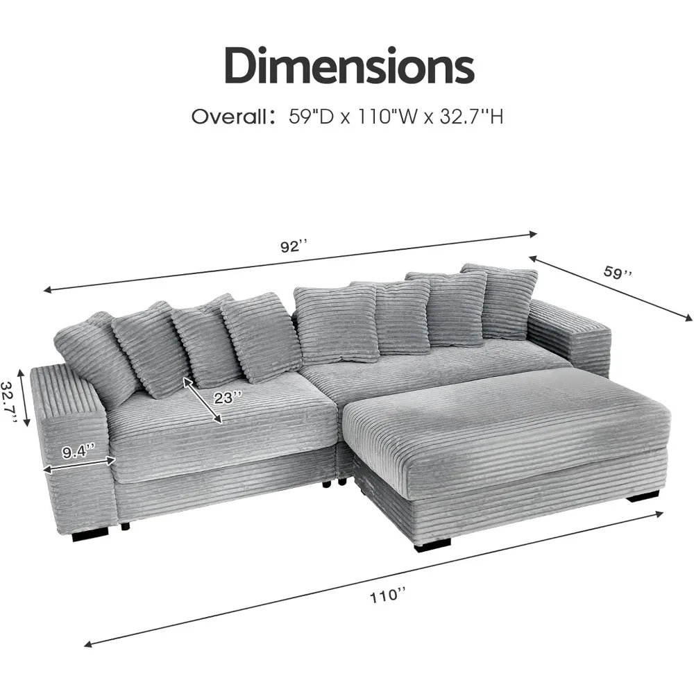 Luxe Oversized L Shaped Sofa with Chaise，Comfy Faux Fur Plush L Shaped Sectional Couches with 8 Pillows，Soft Fluffy Uph