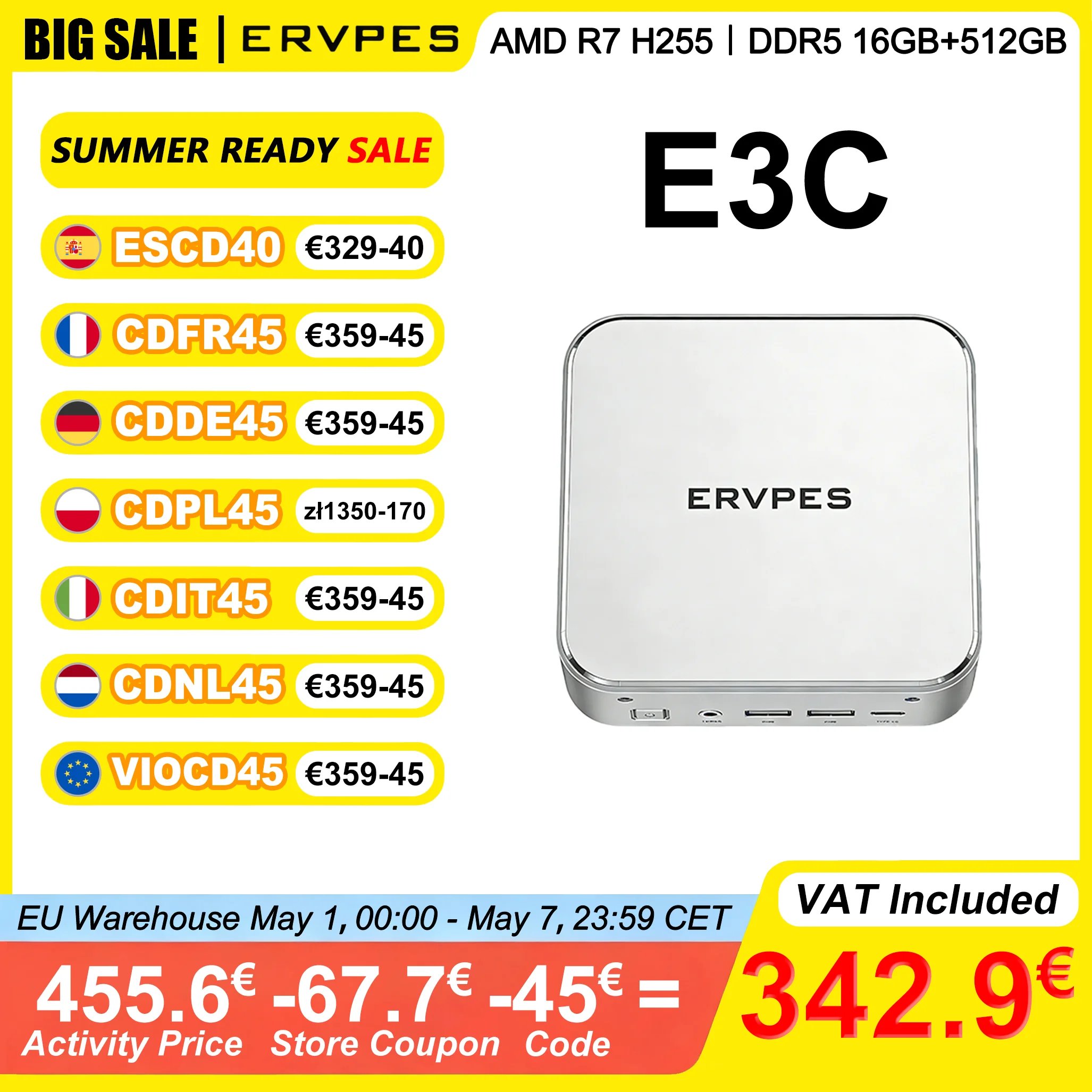 ERVPES E3C Mini PC 16GB DDR5 5600MHz RAM 512GB ROM AMD Ryzen7 H255 Windows 11 AMD Radeon 780M WiFi6 Bluetooth 5.2 4K@60Hz