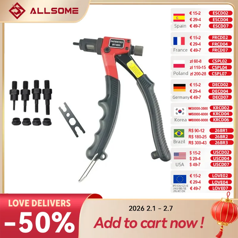 ALLSOME manual Riveter Gun, Mão Rivet Tool Kit, Ferramenta de configuração Nut, Nut Setter, M3, M4, M5, M6, BT-603