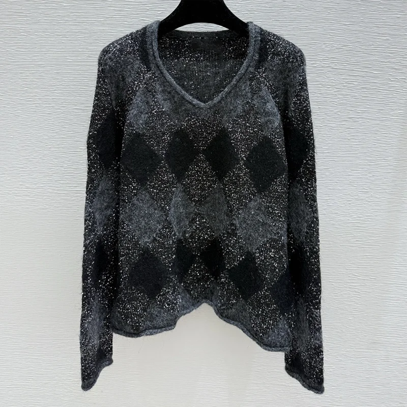 

Высококачественный свободный и мягкий женский свитер с закругленными краями и ромбовидным узором, пуловер с блестками 251016131