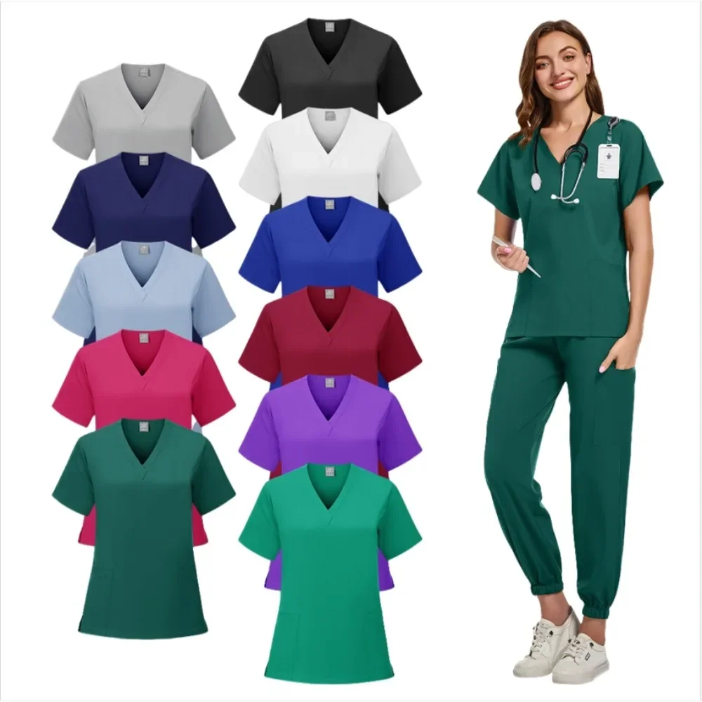 Multicolour Jogger Suit Nurse Scrubs Set Medical Clinical Clothes Doctor Nursing Uniforms Short Sleeve V-neck Tops Pocket Pants