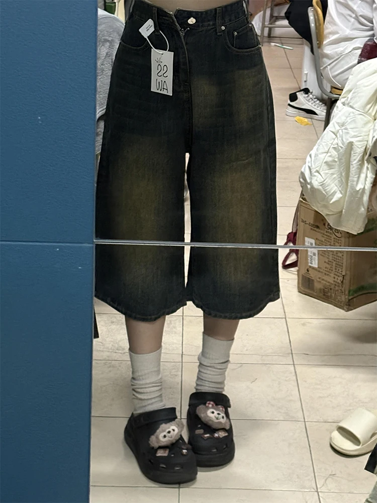 

Женские джинсы с широкими штанинами в американском стиле ретро, лето 2025, новые свободные узкие прямые брюки средней длины High Street