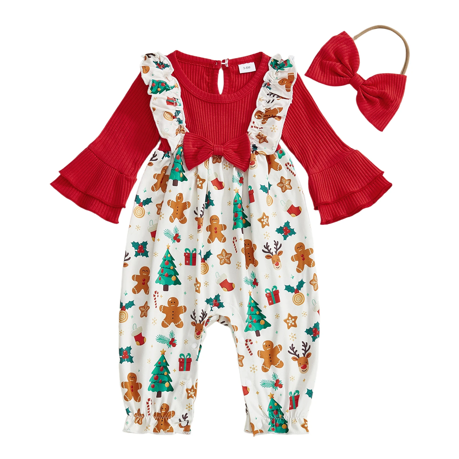 

Baby Girls Christmas Outfit Long Sleeve Crew Neck Gingerbread Man Print Jumpsuit and Headband Fall Clothes