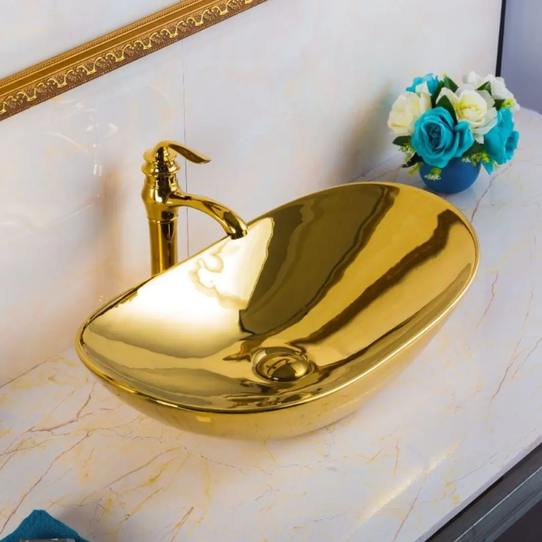 Ceramic boat shape washbasin, gold art washbasin, bathroom washbasin