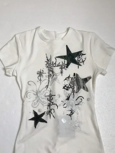 Summer Slim Fit Cotton Spice Girls Crop Top Graphic T Shirts American Vintage Hand Drawn Star Short Sleeved T-shirt for Women