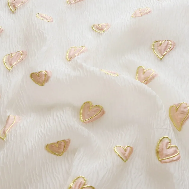 

Gold-Trimmed Large-Heart Jacquard Crinkle Fabric Cute-Style Bubble-Pleated Textured Puffy Dress Material Clothing Designers
