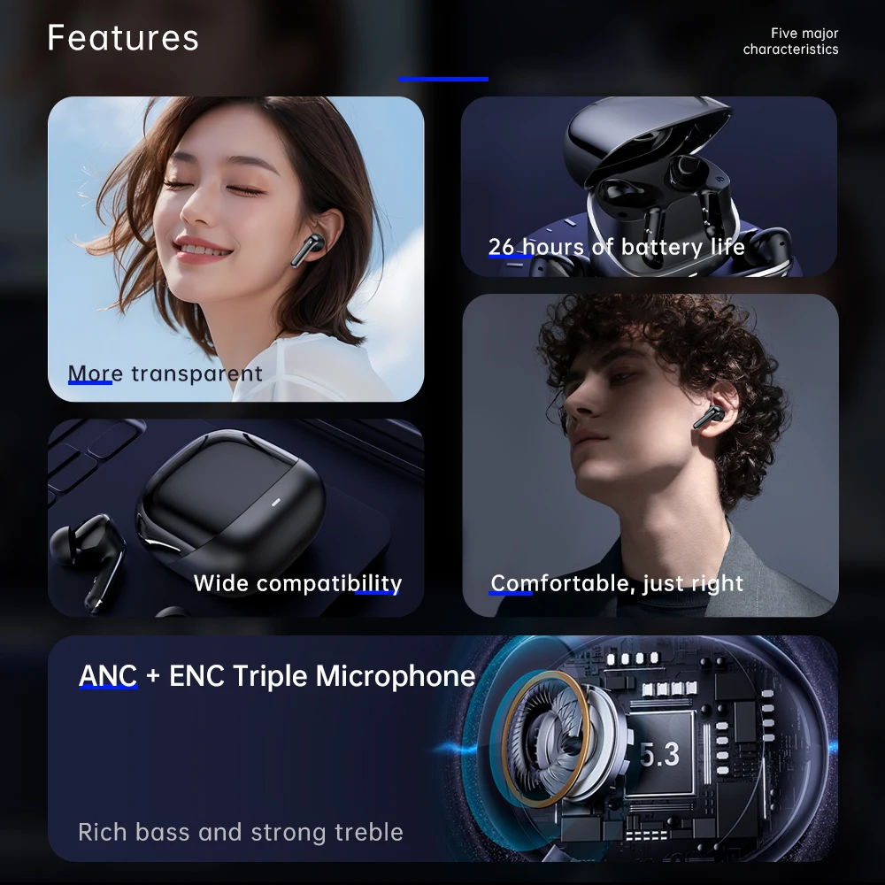 سماعات أذن ANC بلوتوث 5.3 هجينة بخاصية إلغاء الضوضاء النشطة مع 6 ميكروفون AI HD Call Deep Bass سماعة صوت عالية الدقة