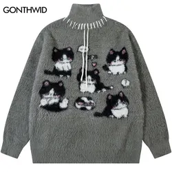 Mohair Sweater Streetwear Cute Cat Graphic Printed Knitted Cozy Jumpers Harajuku Hip Hop Long Sleeve Turtleneck Baggy Pullover