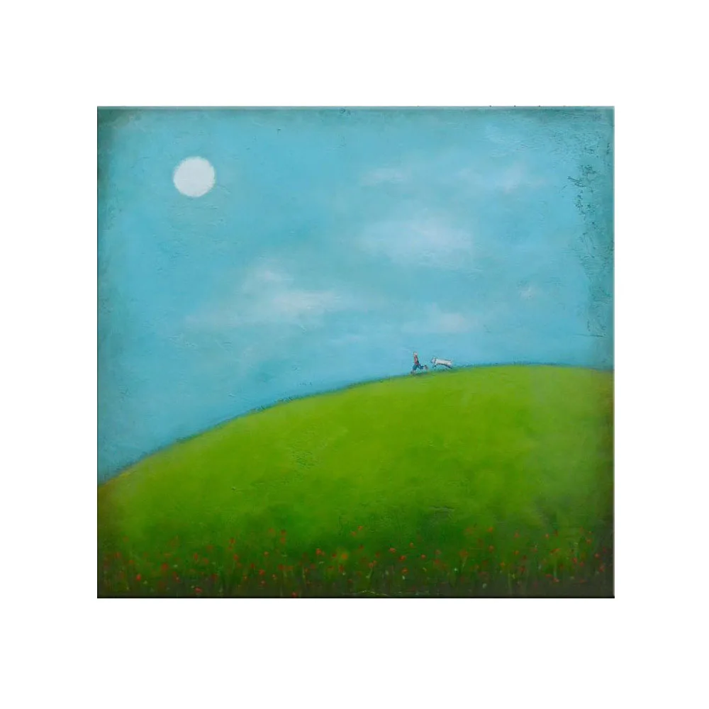 Interesting Design Funny Decorative Painting Simple Colors High Quality Blue Sky Green Grass Landscape Oil Painting