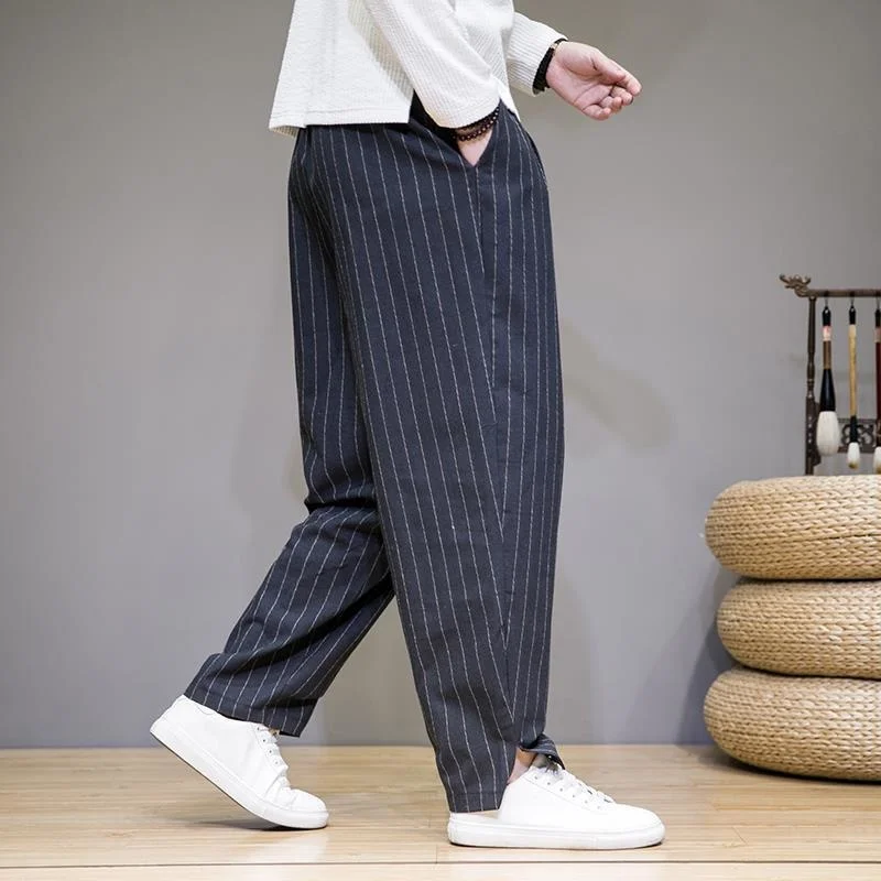 Men's Pants Striped Linen Wide Leg New Autumn Loose Trend Cotton Casual Straight Harun Mens Overalls Clothing Trousers Cargo