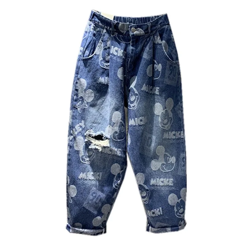 Celana Jeans Robek Mickey Kartun Disney Celana Harem Pelangsing Longgar Baru Musim Semi Musim Panas Wanita Pakaian Jalanan Wanita Pakaian Fashion Korea