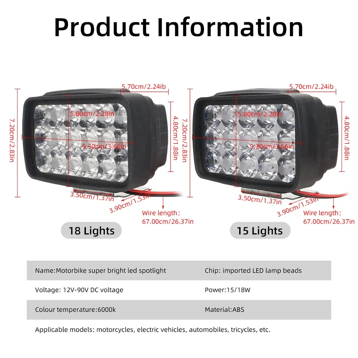 18 LED Super Bright Motorcycle Headlight Moto Auxiliary Lamp 6000K White Motorbike Scooter Front Worklight Fog Lamp