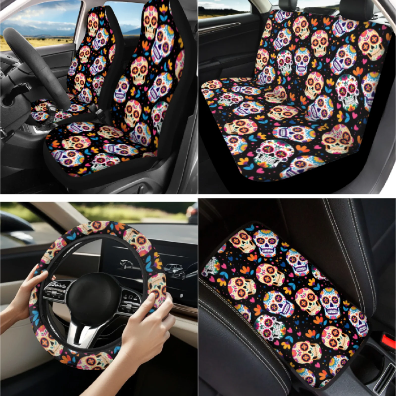 Coloranimal Sugar Skull 13 PCS Car Seat Covers Full Set Easy to Install Scratch-Resistant Car Seat Cover Full Set Suitable