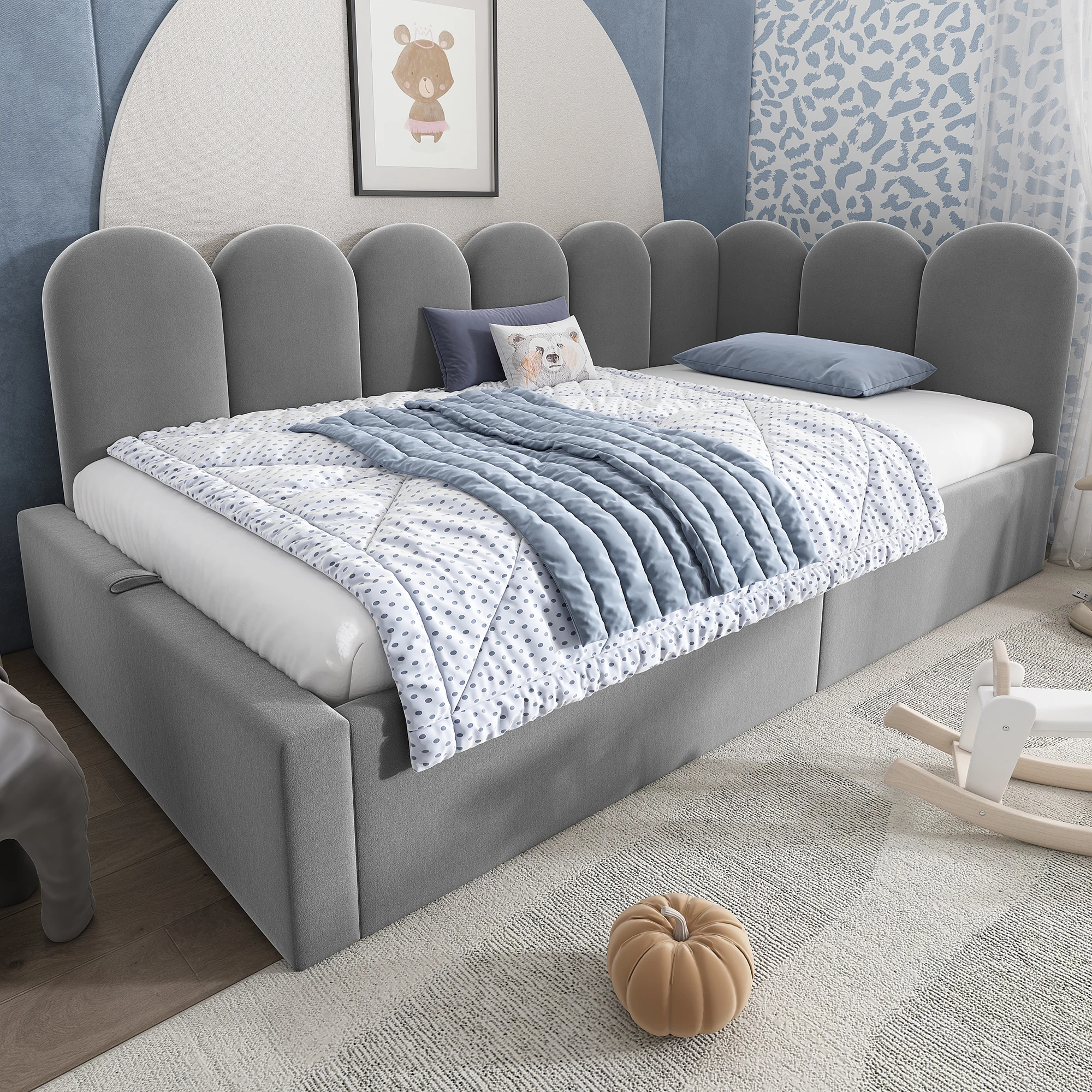 Lit banquette, lit simple avec coffre hydraulique, structure réversible, 90 × 200 cm, sans matelas, gris