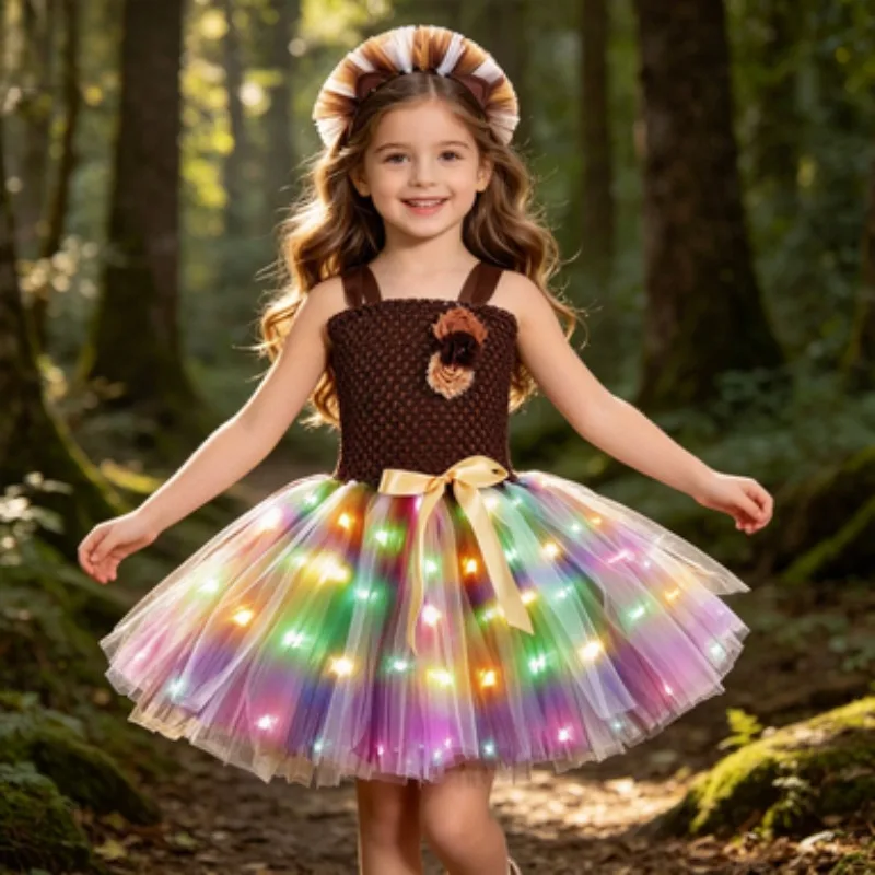 

Girls' Brown Forest-themed Tulle Tutu Dress with LED Glowing Cartoon Patterns, Suitable for Stage Performances and Parties
