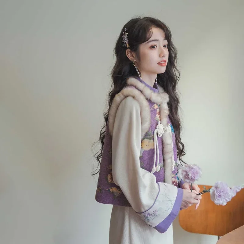 Traditional Chinese Style Girls Dress Purple Velvet Vesta Beige Long Sleeved Modern Cheongsam Vestidos Elegantes Para Mujer