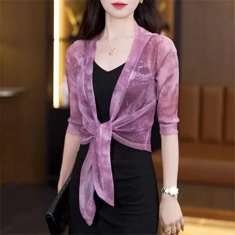 2026 Mesh Jackets Women Half Sleeve Slim Summer Outwear Sun-protection Korean Style Elegant Leisure All-match Women's Clothing