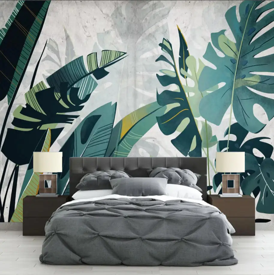 Aangepaste behang regenwoud planten zwart-witte bladeren bloemen achtergrond muren muurschildering woondecoratie zelfklevend 3d behang
