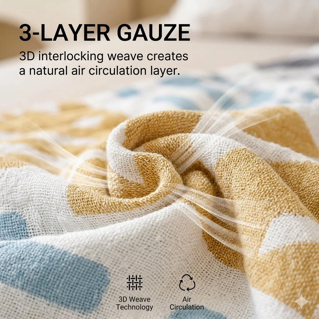 100% Cotton 3-Layer Gauze Blanket Boho Geometric Bedspread Soft Breathable Muslin Summer Quilt Thin Comforter for Bed Couch